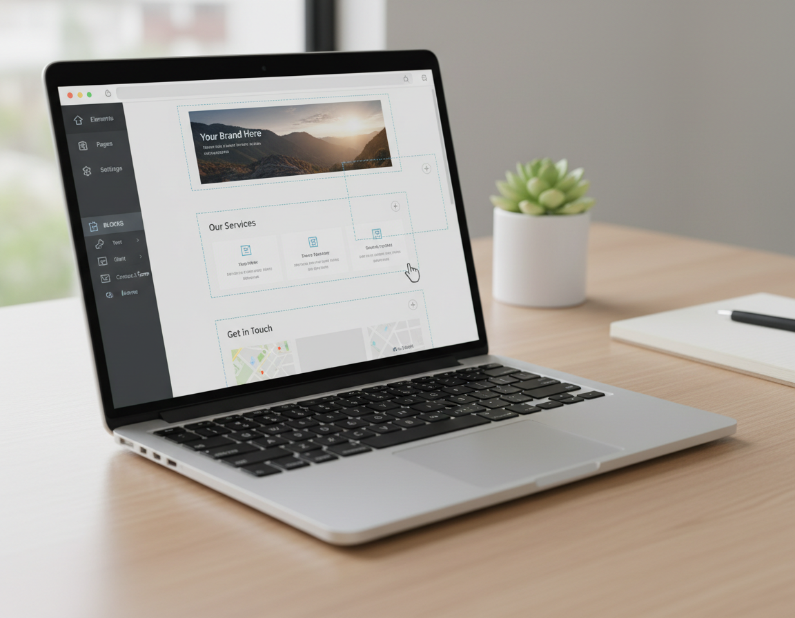 Drag-and-drop website builder interface showing a simple page layout for a small business website