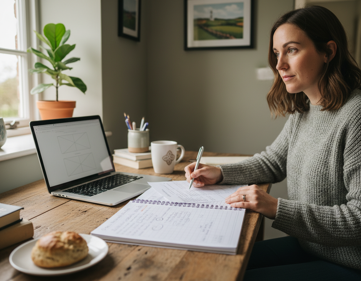 Consultant explaining website options to a small business owner while discussing website builders and long-term needs
