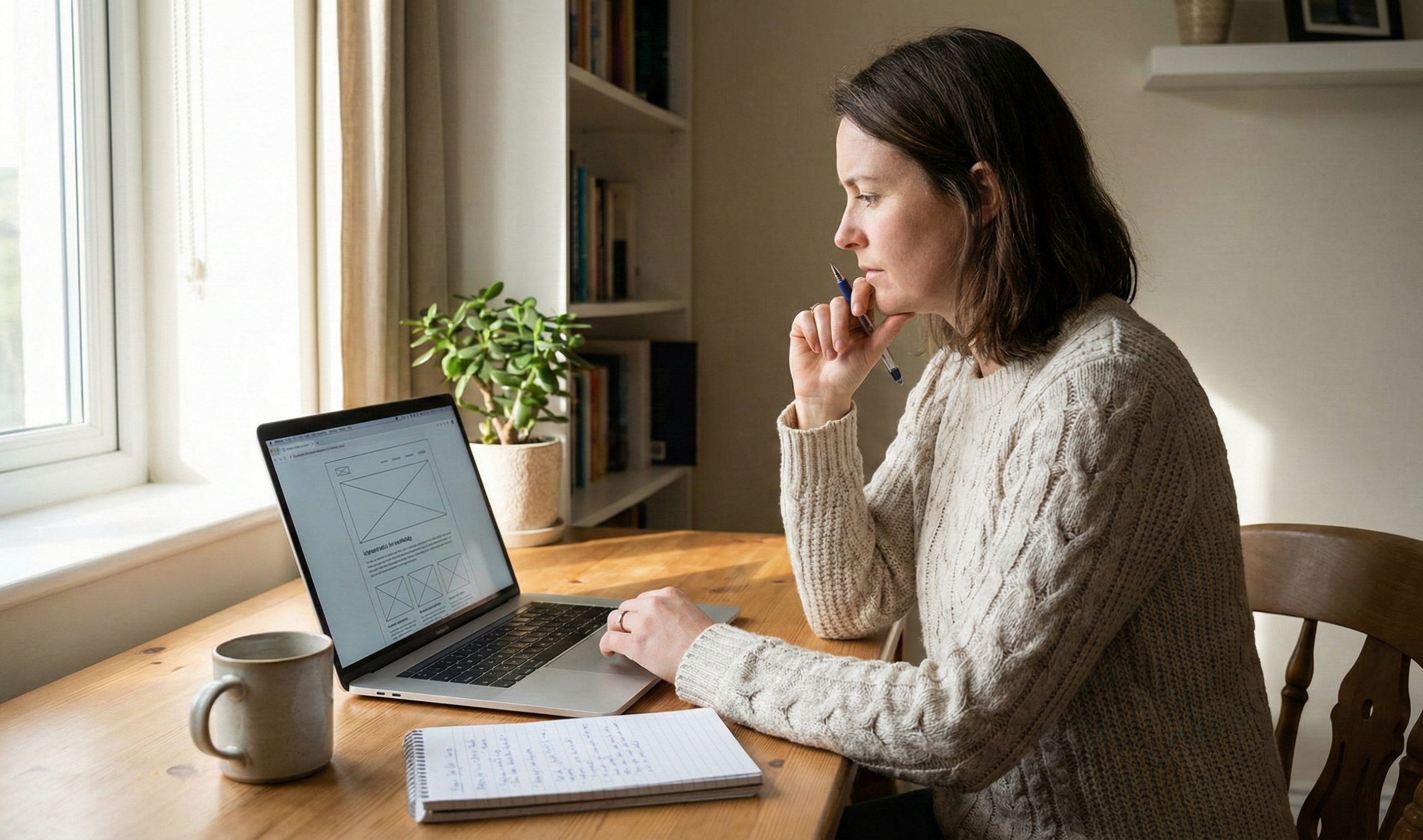 Small business owner in Ireland reviewing a website layout on a laptop while deciding if a website builder is right for their business