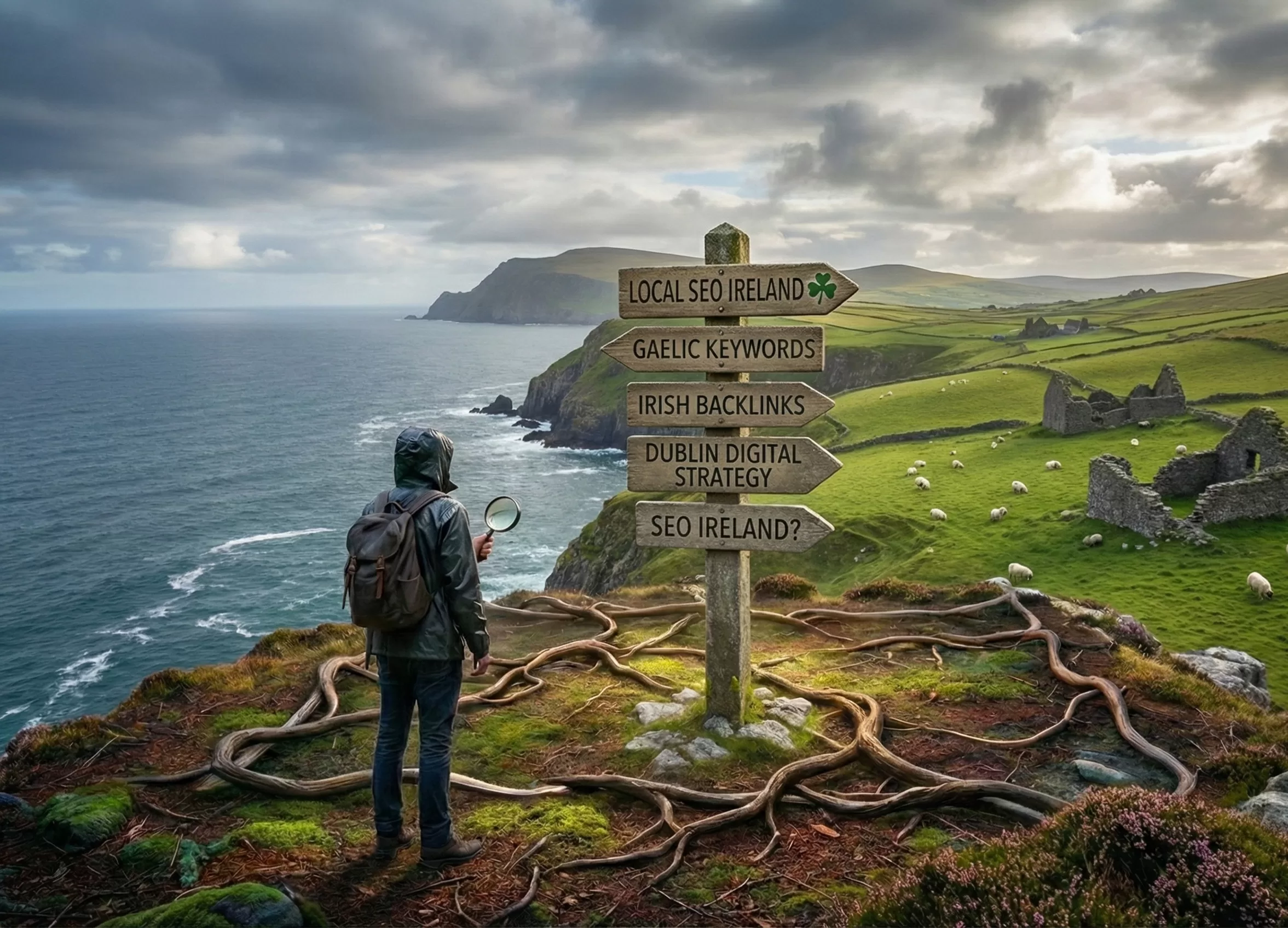 An illustrative scene showing a person standing on a rugged Irish coastline, examining a signpost pointing to “Local SEO Ireland,” “Irish backlinks,” and “Dublin digital strategy,” symbolising decision-making around Dublin search engine optimization. The image represents Irish businesses weighing whether it is worth paying for SEO, understanding how much SEO costs in Ireland, and choosing the right long-term SEO strategy for visibility and growth.