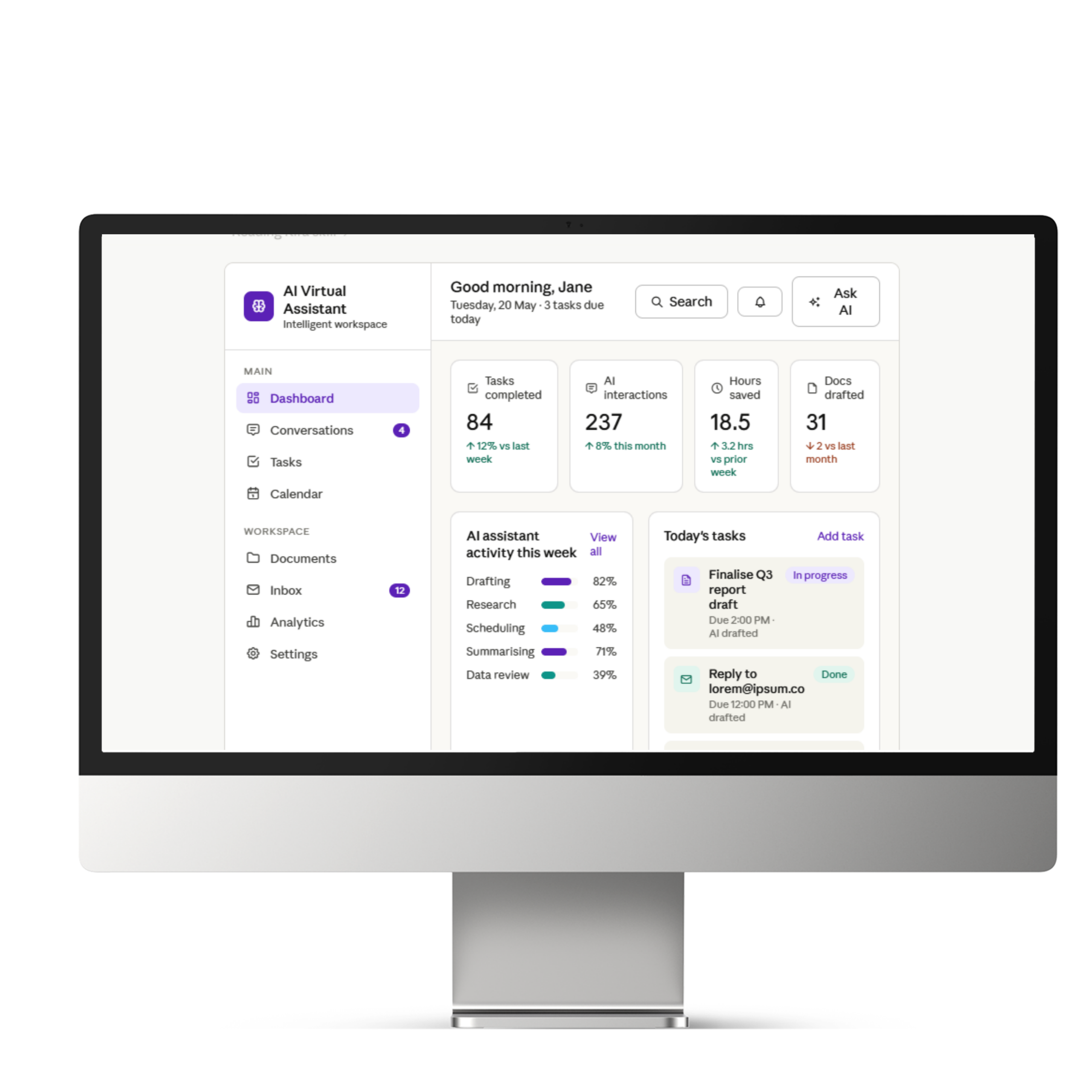 The AI assistant dashboard Evalon built, on a desktop screen
