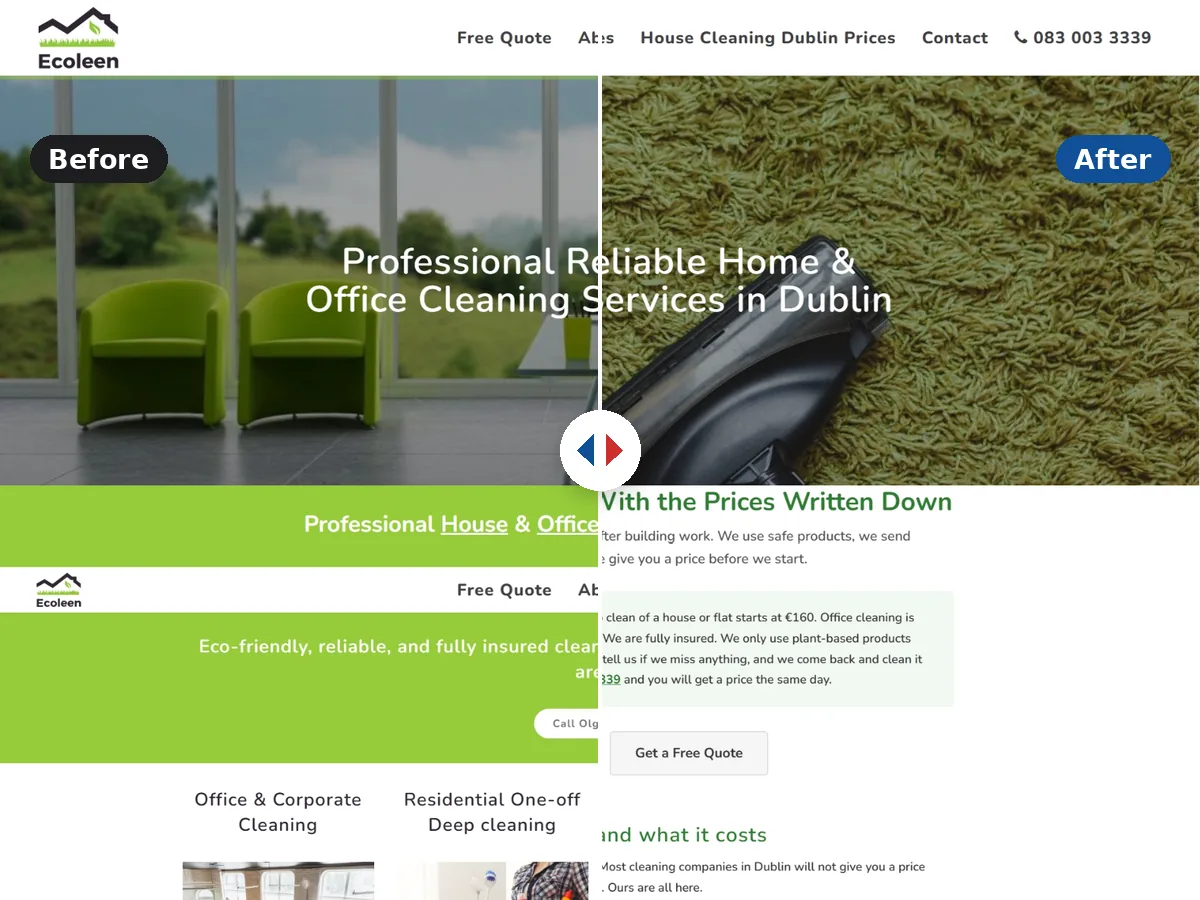 Ecoleen website before and after, a digital agency case study by Evalon