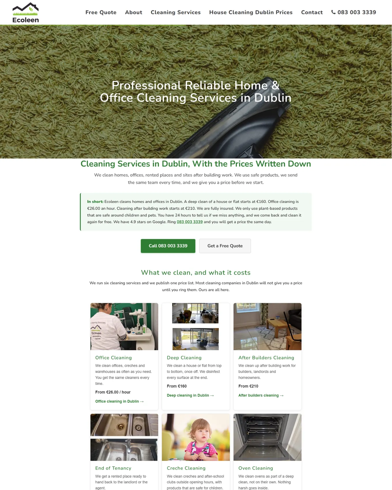 Ecoleen homepage after the rebuild, with prices for each cleaning service in Dublin and a short summary at the top