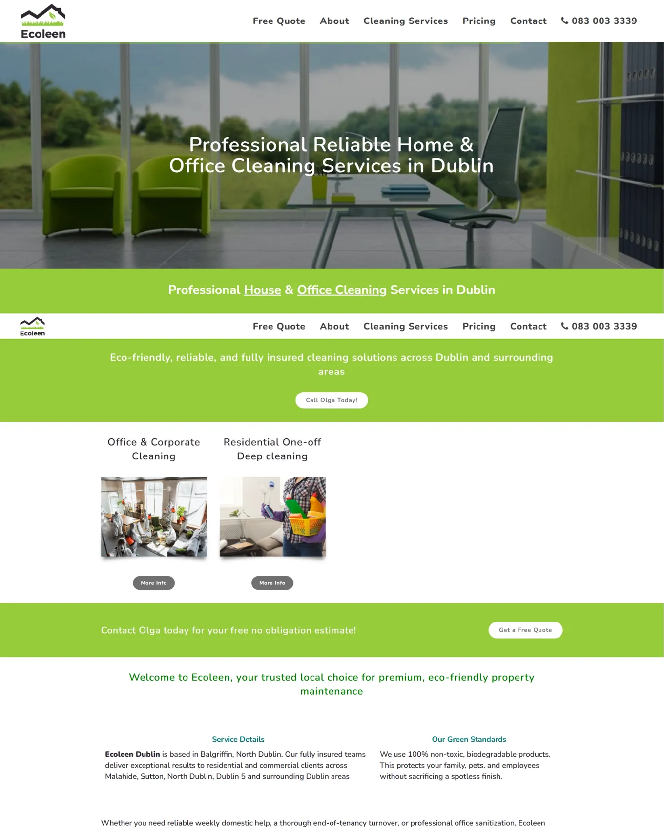Ecoleen homepage before the rebuild, with two services and a free quote button