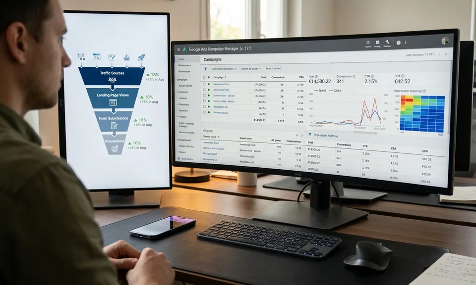 Google Ads campaign manager and a conversion funnel on two screens