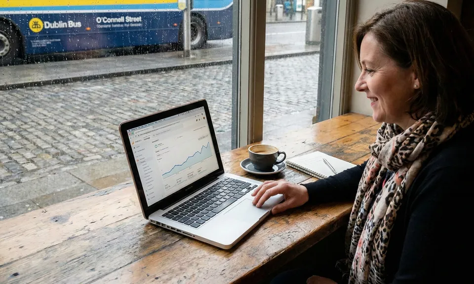Business owner in a Dublin cafe checking search results on a laptop