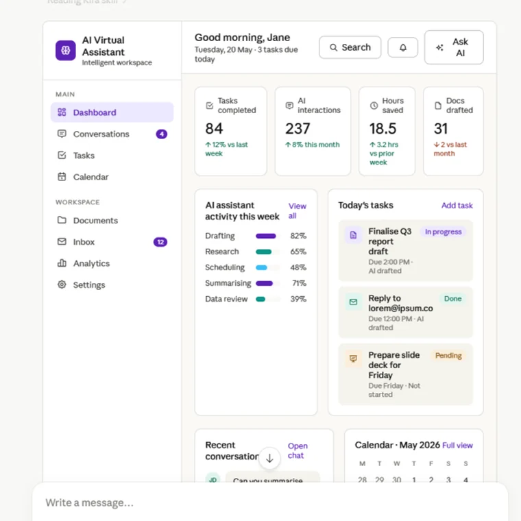 AI assistant dashboard Evalon built for HeartPath, with tasks, activity and calendar