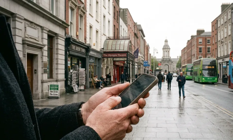 Person in Dublin city centre searching for a local business on a phone