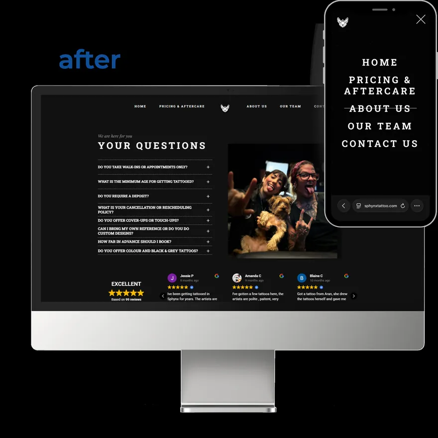 Sphynx Tattoo website designed by Evalon, shown on desktop and phone