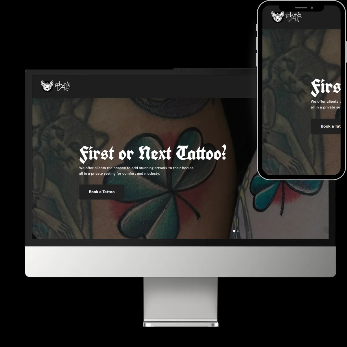 Sphynx Tattoo website before the rebuild, a dark template with one tattoo photo